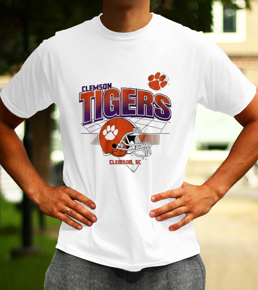 Clemson Tigers Football Helmet Logo Clemson SC Grid Paw Prints T-Shirt