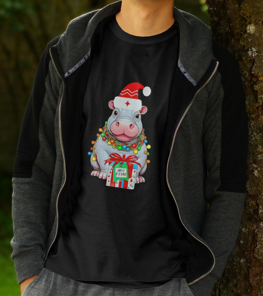 Moo Deng Merry Christmas Lights Tree Santa Hippo With Gift T-Shirt
