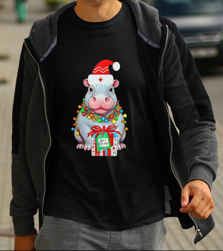 Moo Deng Merry Christmas Lights Tree Santa Hippo With Gift T-Shirt