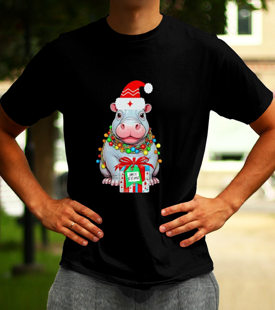 Moo Deng Merry Christmas Lights Tree Santa Hippo With Gift T-Shirt