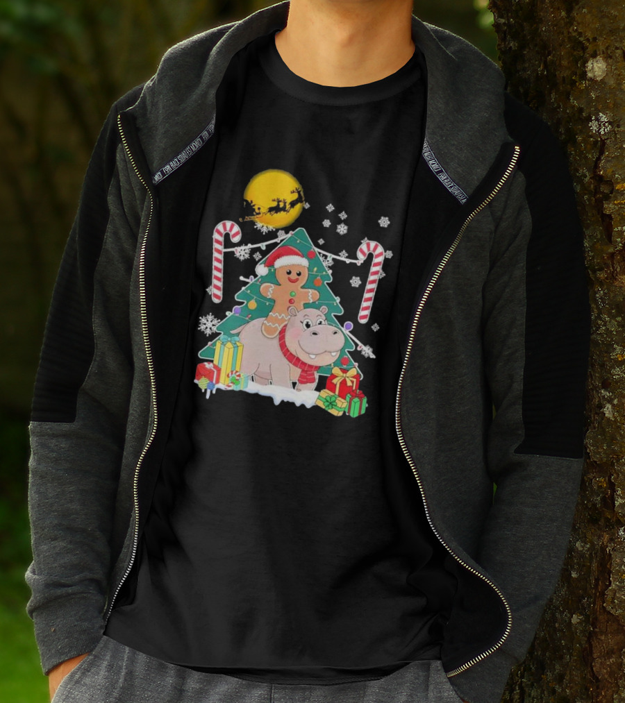 Santa Gingerbread Riding Hippo Christmas Candy Canes Snowflake Christmas Tree T-Shirt