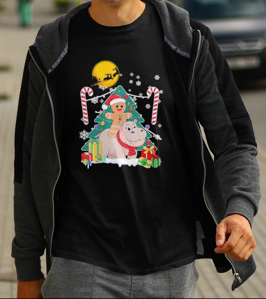 Santa Gingerbread Riding Hippo Christmas Candy Canes Snowflake Christmas Tree T-Shirt