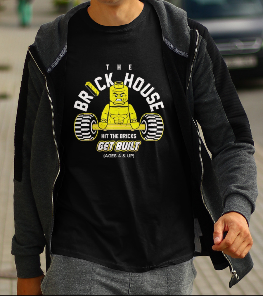 The Brick House Hit The Bricks Get Built Ages 4 And Up Yellow Lego Weightlifter T-Shirt