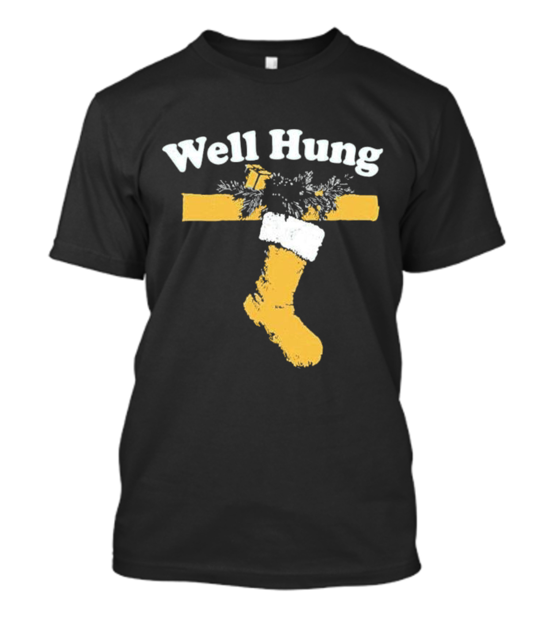 Well Hung Christmas Stocking Shot With Garland And Gift T-Shirt