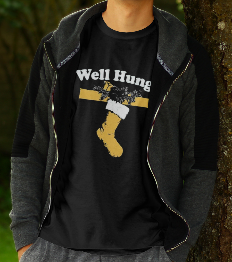 Well Hung Christmas Stocking Shot With Garland And Gift T-Shirt