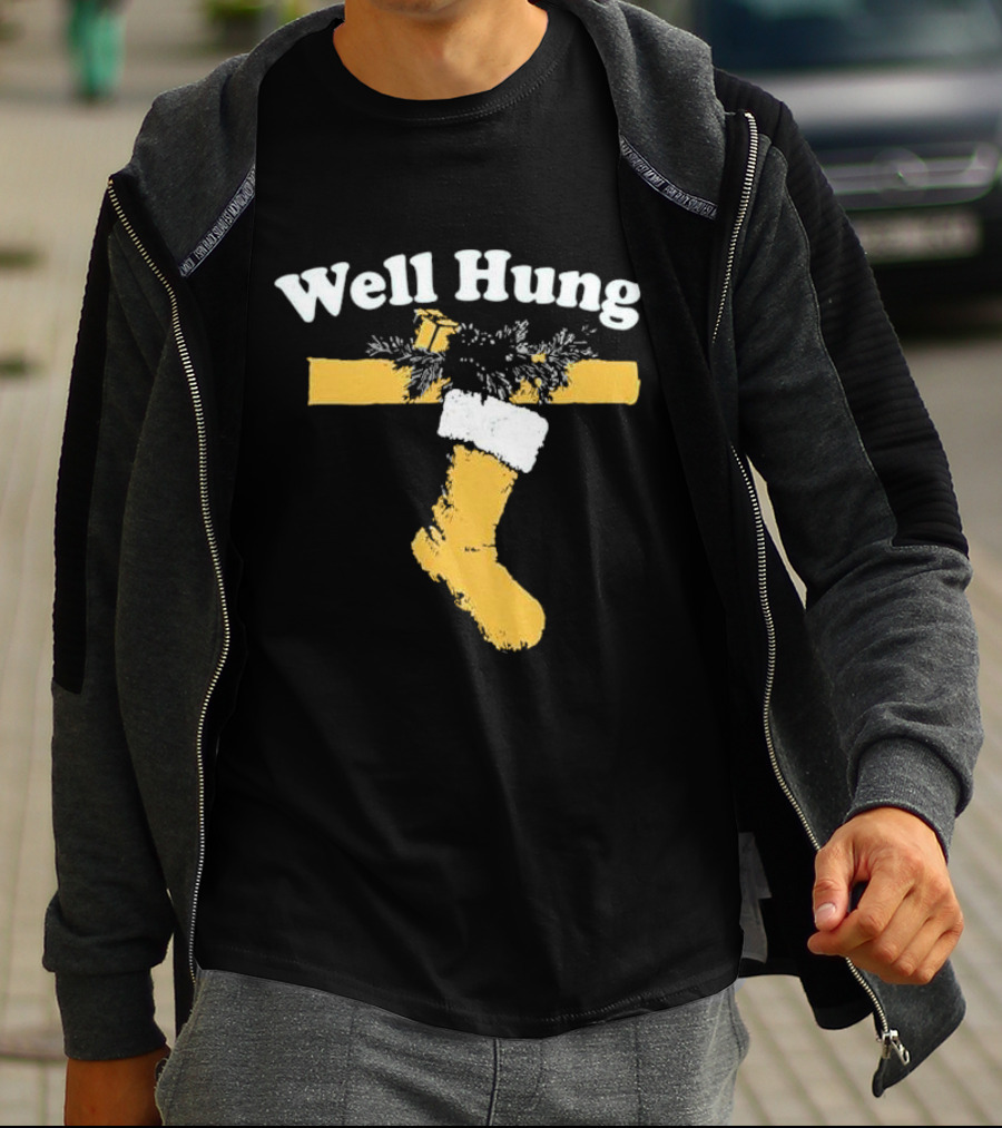 Well Hung Christmas Stocking Shot With Garland And Gift T-Shirt