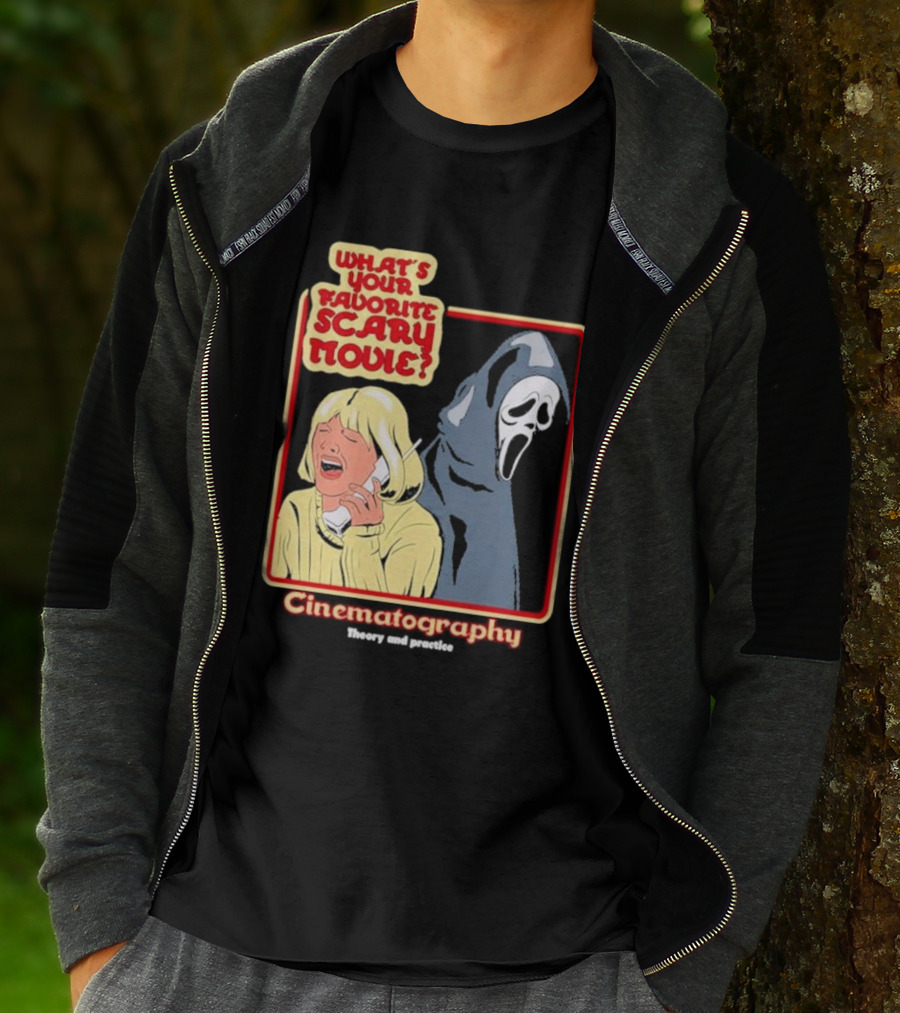 What’s Your Favorite Scary Movie Cinematography Theory And Practice Ghost Mask Girl On Phone T-Shirt