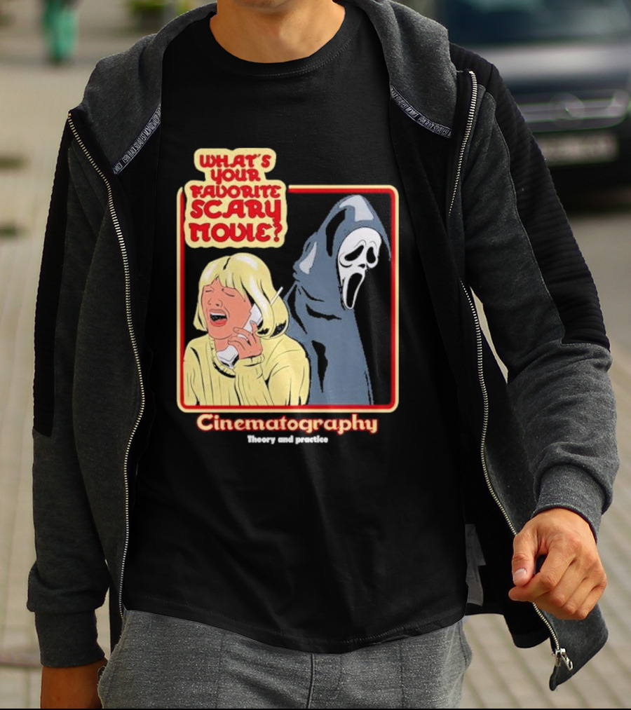 What’s Your Favorite Scary Movie Cinematography Theory And Practice Ghost Mask Girl On Phone T-Shirt