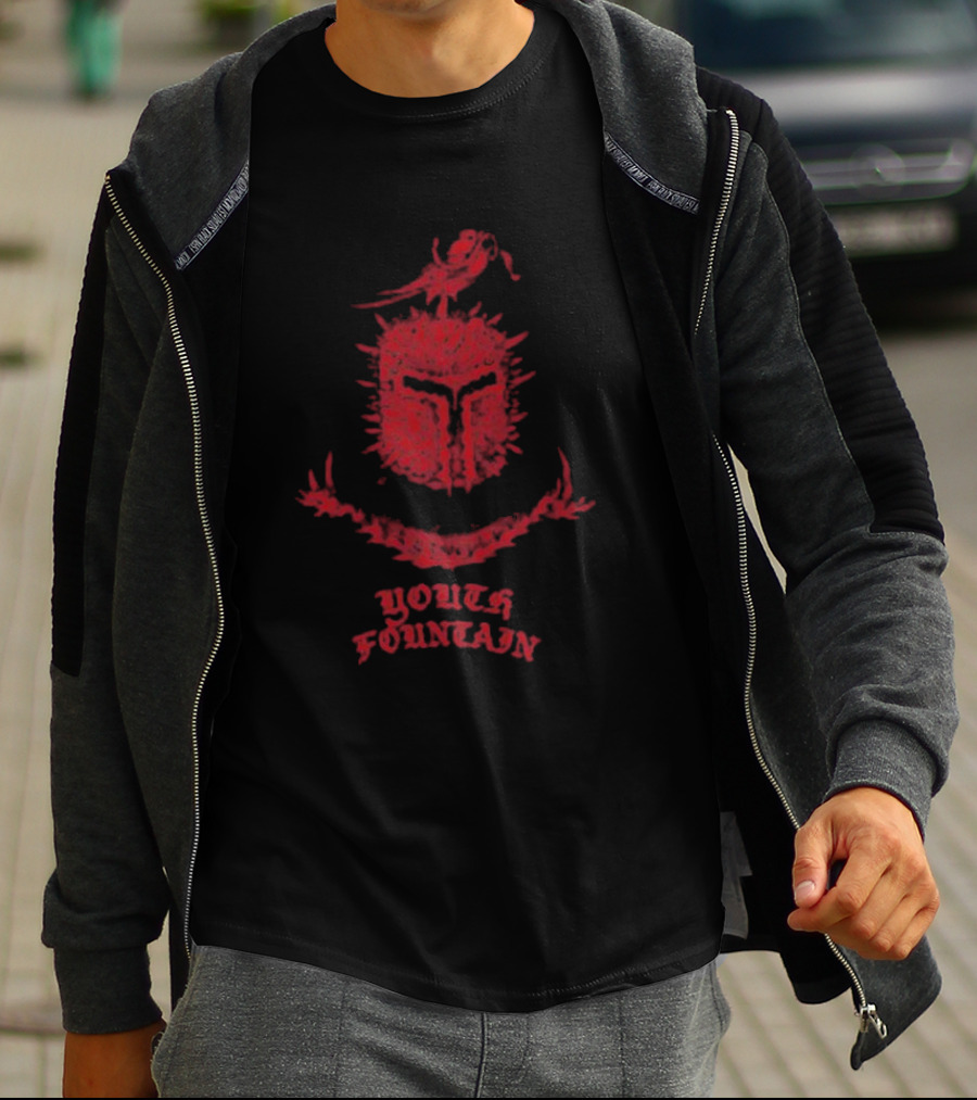 Youth Fountain Medieval Style Helmet With Sword And Bird T-Shirt