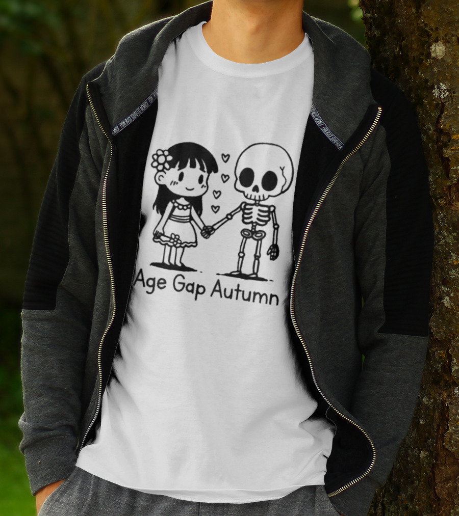 Age Gap Autumn Girl And Skeleton Holding Hands With Hearts T-Shirt