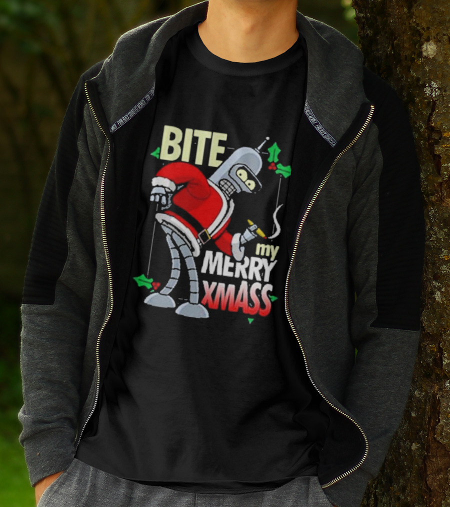 Bite My Merry Xmass Santa Robot Smoking Cigar T-Shirt
