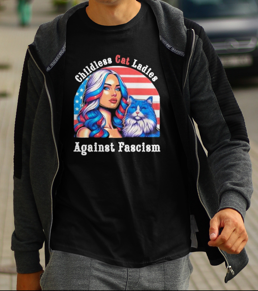 Childless Cat Ladies Against Fascism American Flag Woman And Blue Cat T-Shirt