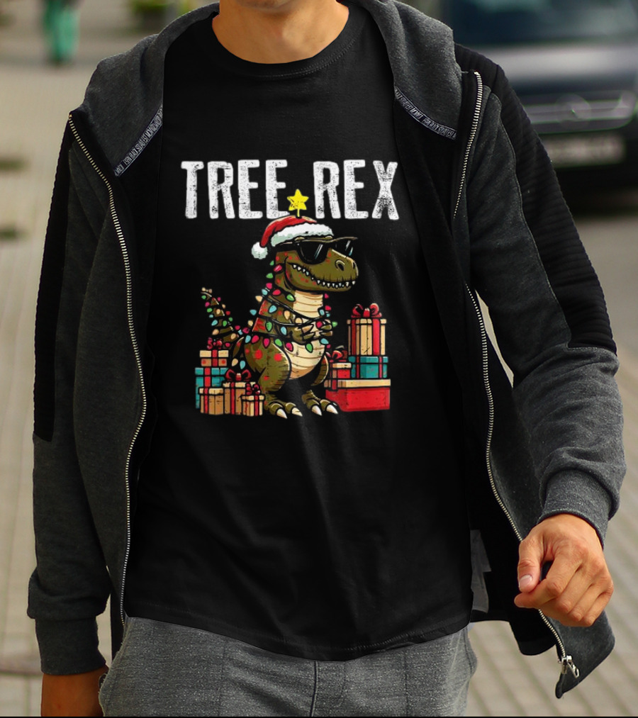 Christmas Dinosaur Tree Rex Xmas Trex Santa Hat And Presents T-Shirt