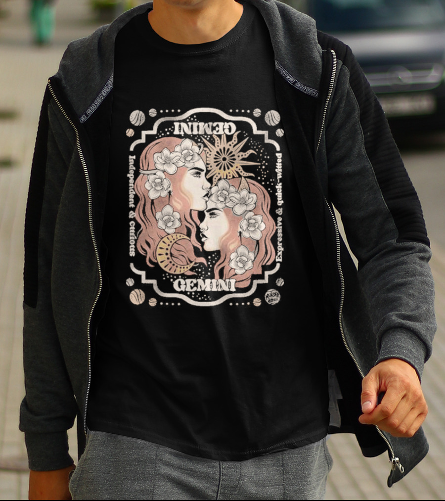 Gemini Independent Curious Expressive Quick Witted Zodiac Sun Moon Floral T-Shirt