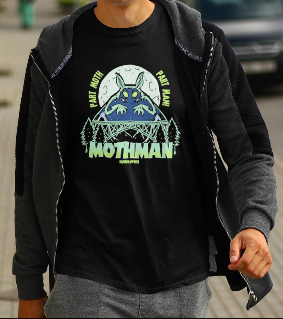 Part Moth Part Man Mothman Retro Murder Apparel Moon Bridge Forest T-Shirt