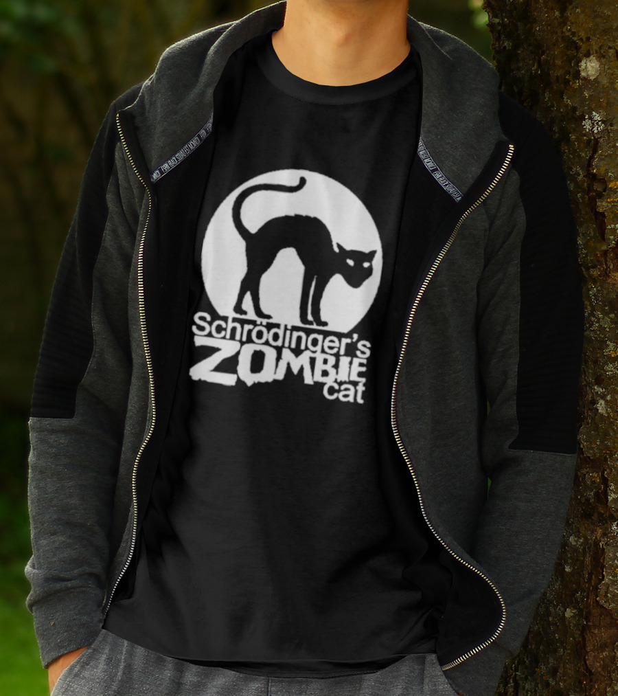 Schrodinger's Zombie Cat Black Silhouette With Round Moon Background T-Shirt