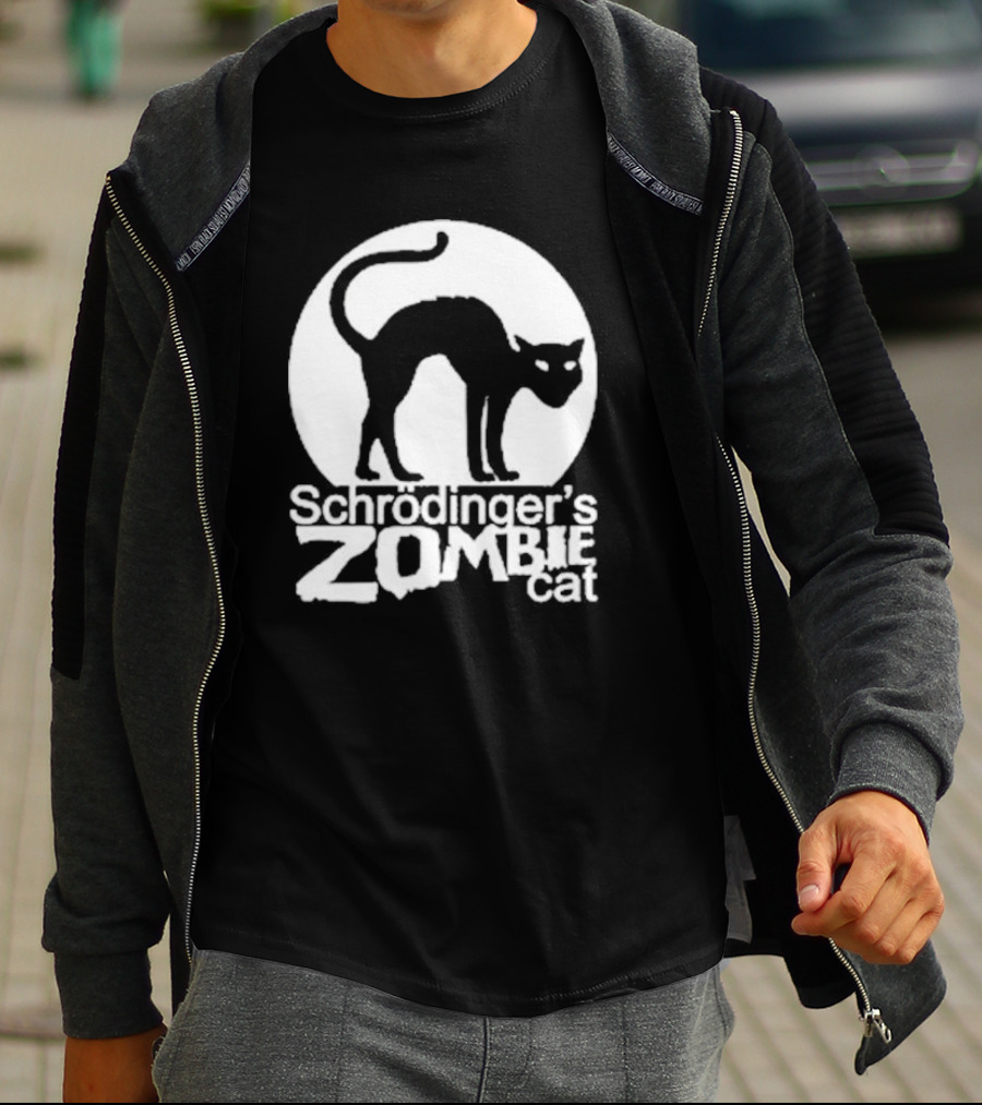 Schrodinger's Zombie Cat Black Silhouette With Round Moon Background T-Shirt