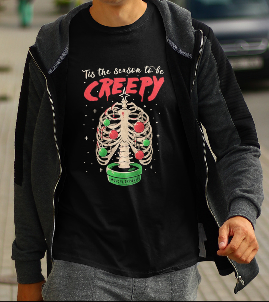 Tis The Season To Be Creepy Murder Apparals Christmas Skeleton Pine Tree T-Shirt