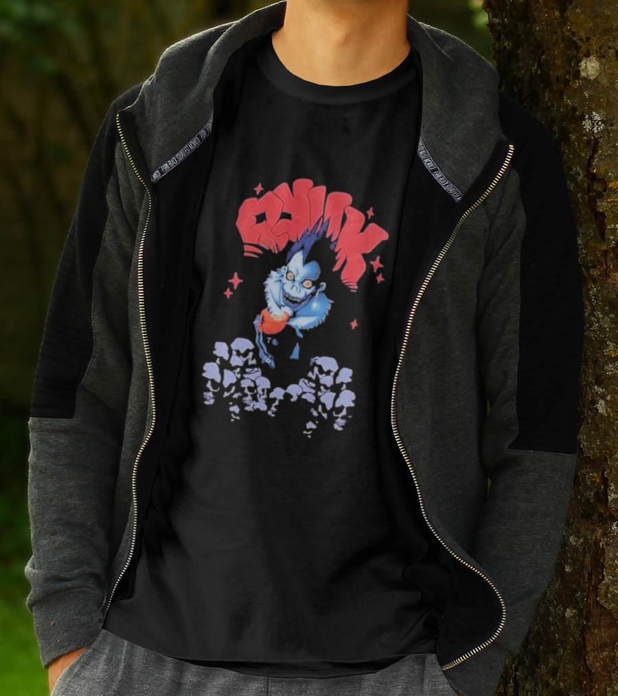 Death Note Ryuk Skull Puff Print Character With Red Spiked Lettering And Skulls T-Shirt