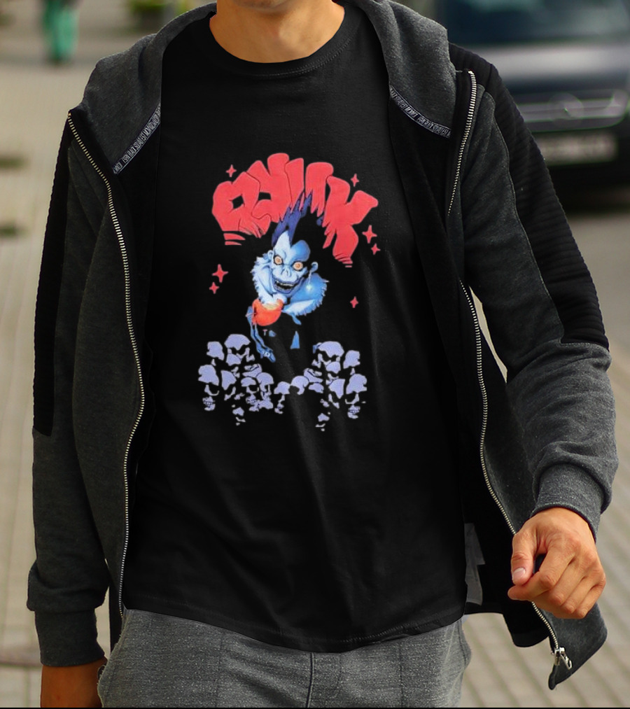 Death Note Ryuk Skull Puff Print Character With Red Spiked Lettering And Skulls T-Shirt