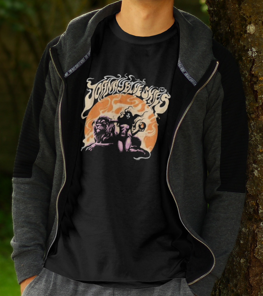 Johnny Blue Skies Sorceress With Lion Orange Background T-Shirt