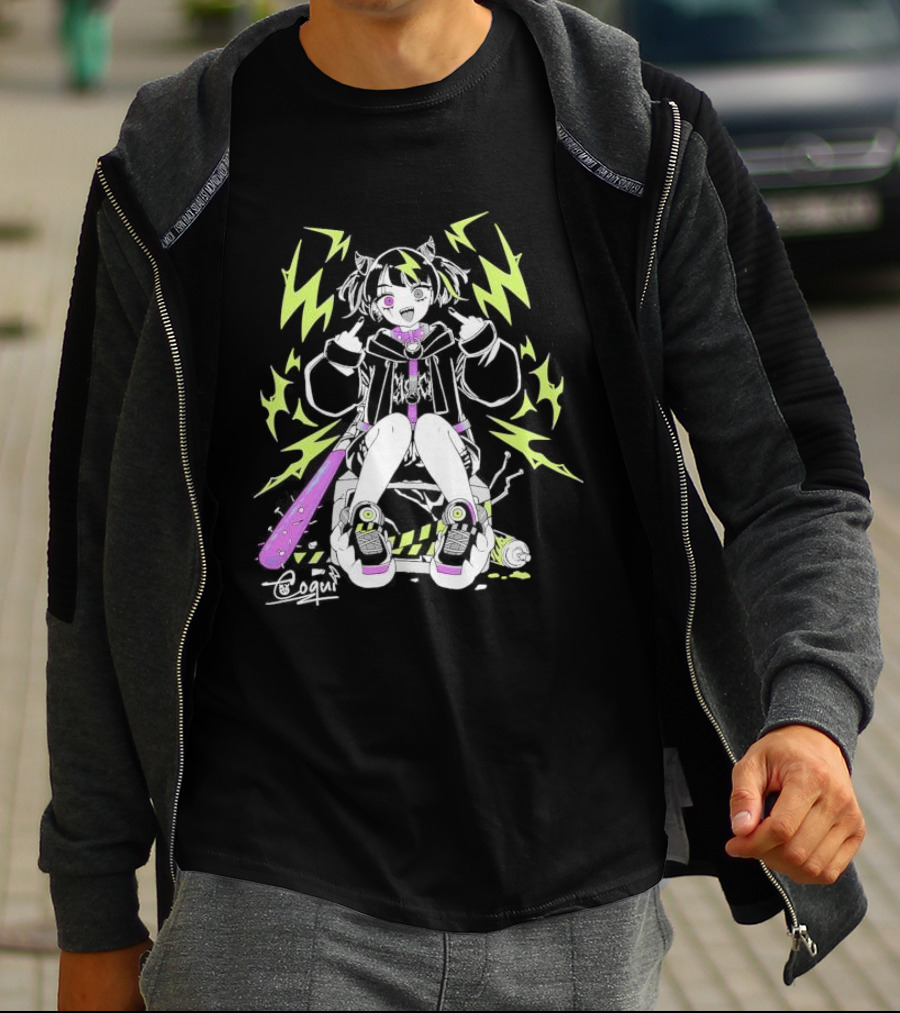 Coqui Delinquent Frog Vtuber With Purple Bat And Lightning T-Shirt