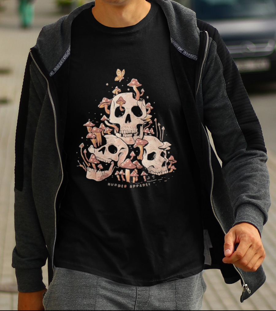 Skulls And Fungi Mushroom Murder Butterfly T-Shirt