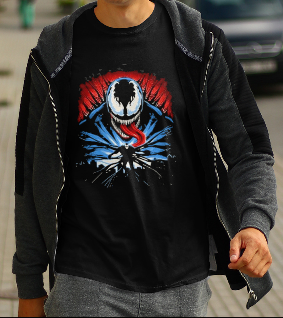 Venom Anti Hero Symbiote Red And Blue Cityscape Iconic T-Shirt