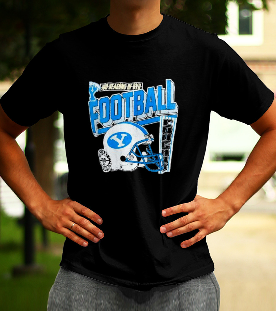 100 Seasons Of BYU Football Cougars Helmet Royal Army Brand T-Shirt