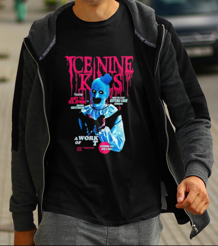 Ice Nine Kills Featuring Art The Clown Cutting Edge A Work Of T IX Delivering Cake With A Smile T-Shirt