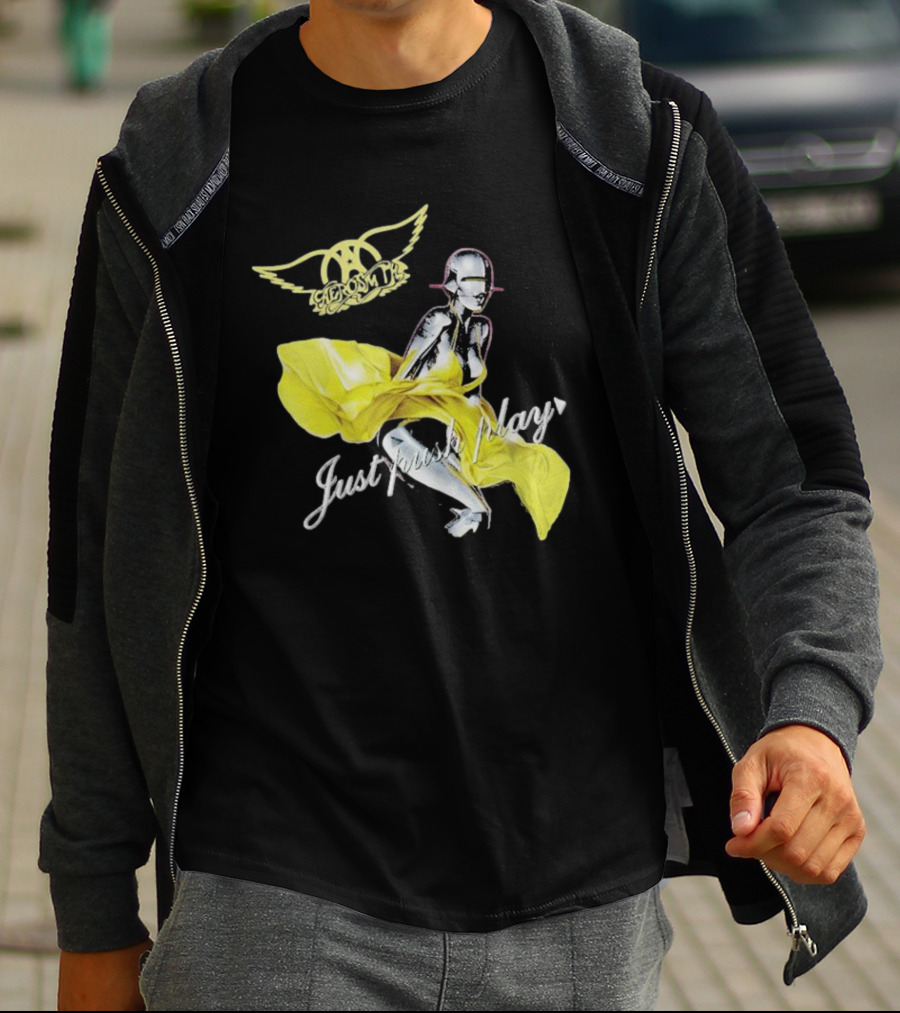 Aerosmith Just Push Play Logo With Futuristic Figure And Yellow Dress T-Shirt