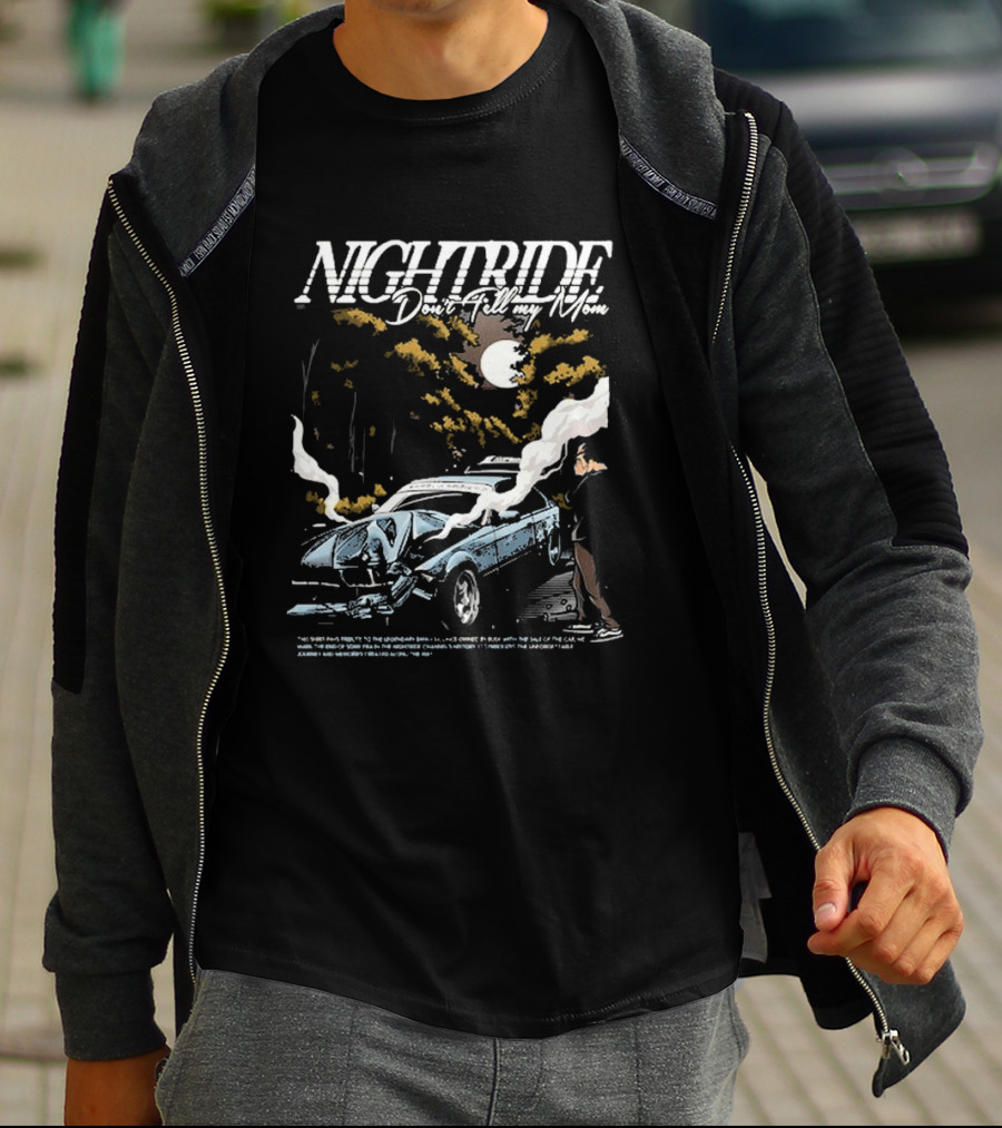 Nightride Don't Tell My Mom Night Car Crash Scene With Full Moon And Trees T-Shirt