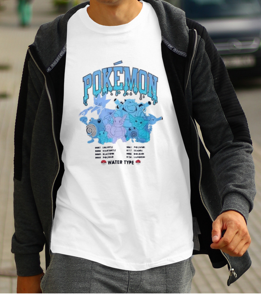 POKEMON Water Type Squirtle Wartortle Blastoise Poliwag Psyduck Golduck Poliwhirl Seadra Vaporeon T-Shirt