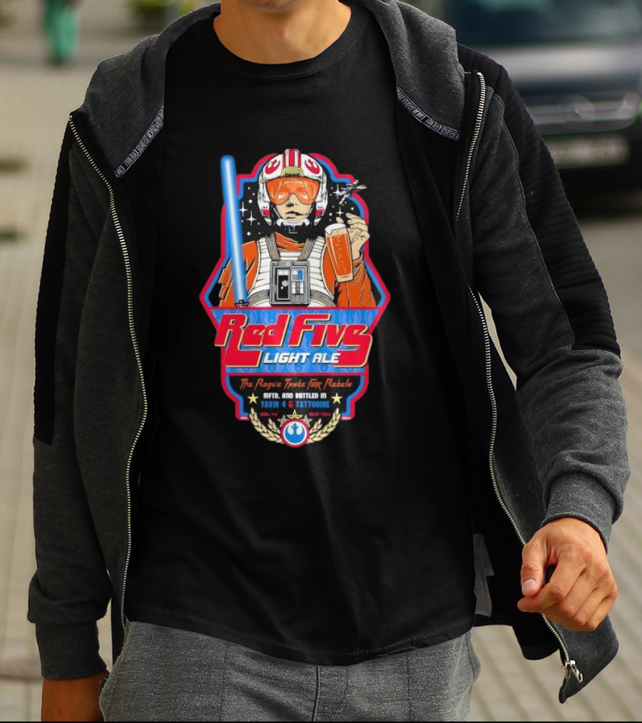 Red Five Light Ale The Rogue Taste For Rebels Mftd And Bottled In Yavin 4 And Tattooine Star Wars Pilot With Blue Lightsaber And Beer T-Shirt