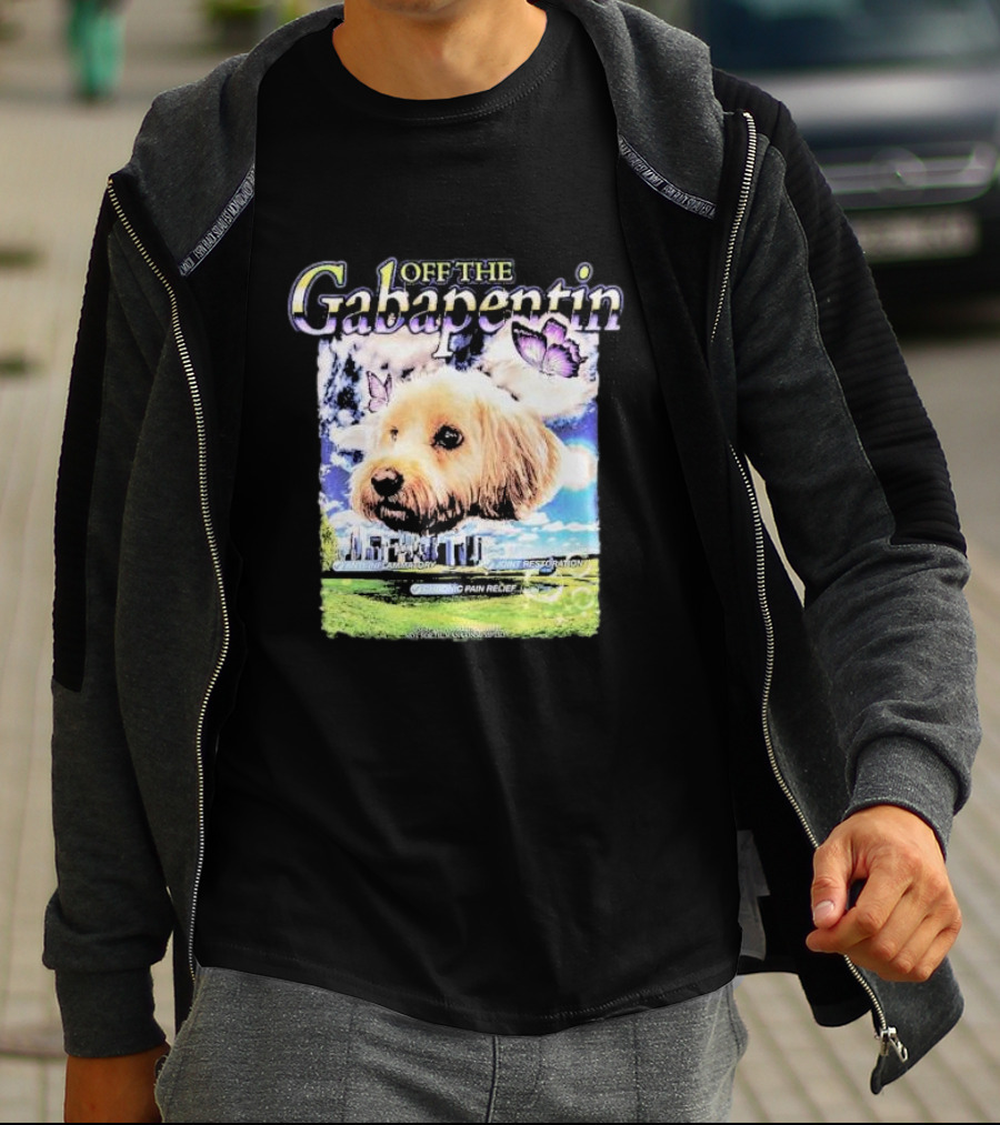 Off The Gabapentin Dog Floating Above Clouds And Stonehenge With Butterflies T-Shirt