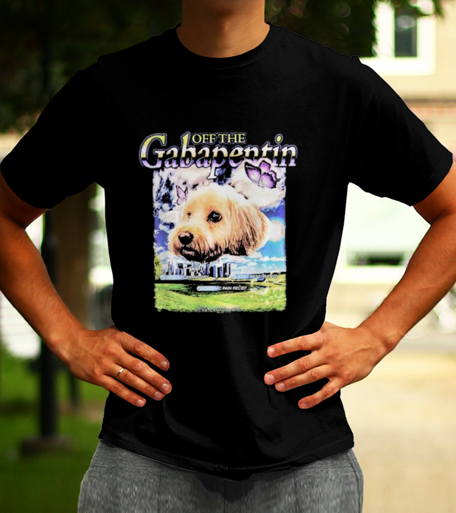Off The Gabapentin Dog Floating Above Clouds And Stonehenge With Butterflies T-Shirt