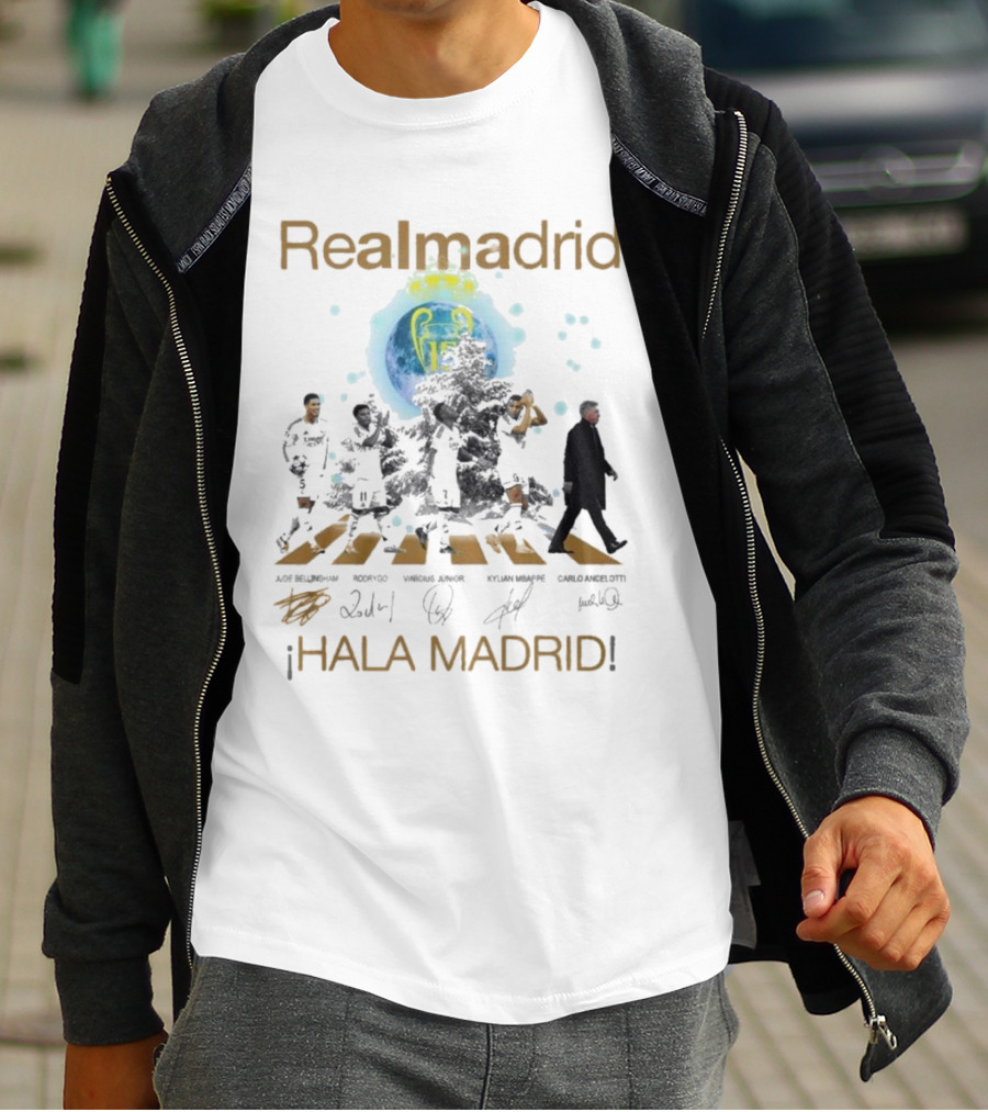 Real Madrid Hala Madrid Jude Bellingham Rodrygo Vinicius Junior Kylian Mbappe Carlo Ancelotti Signatures T-Shirt