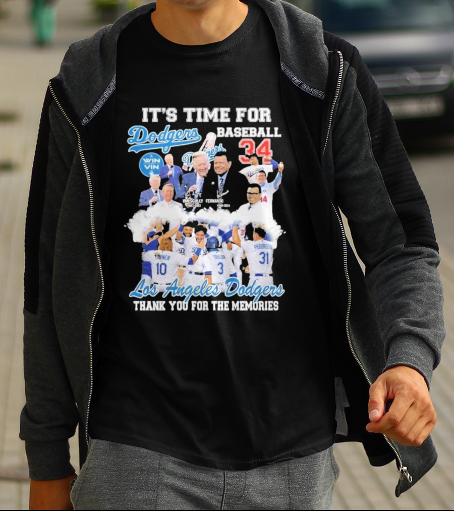 IT'S TIME FOR BASEBALL LOS ANGELES DODGERS VIN SCULLY FERNANDO VALENZUELA 34 THANK YOU FOR THE MEMORIES T-Shirt