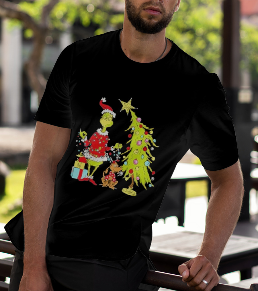 Grinch Christmas Tree With Santa Hat And Max By Presents T-Shirt