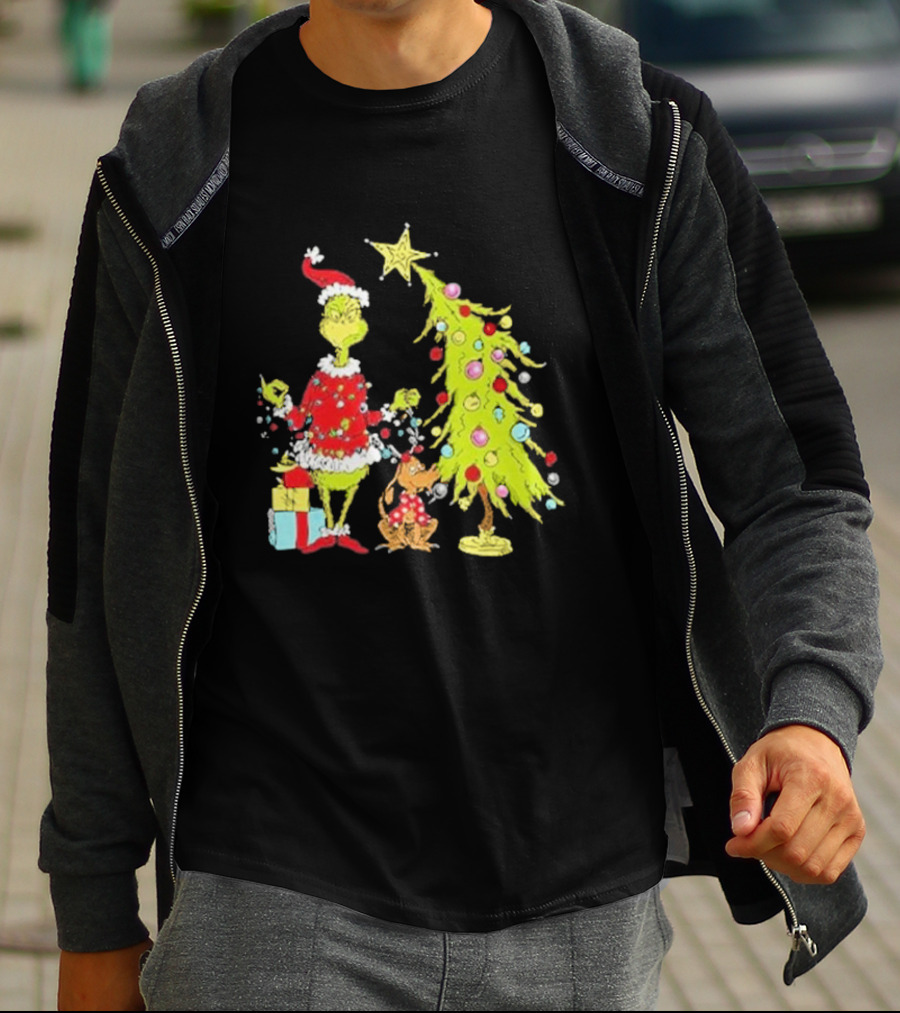 Grinch Christmas Tree With Santa Hat And Max By Presents T-Shirt