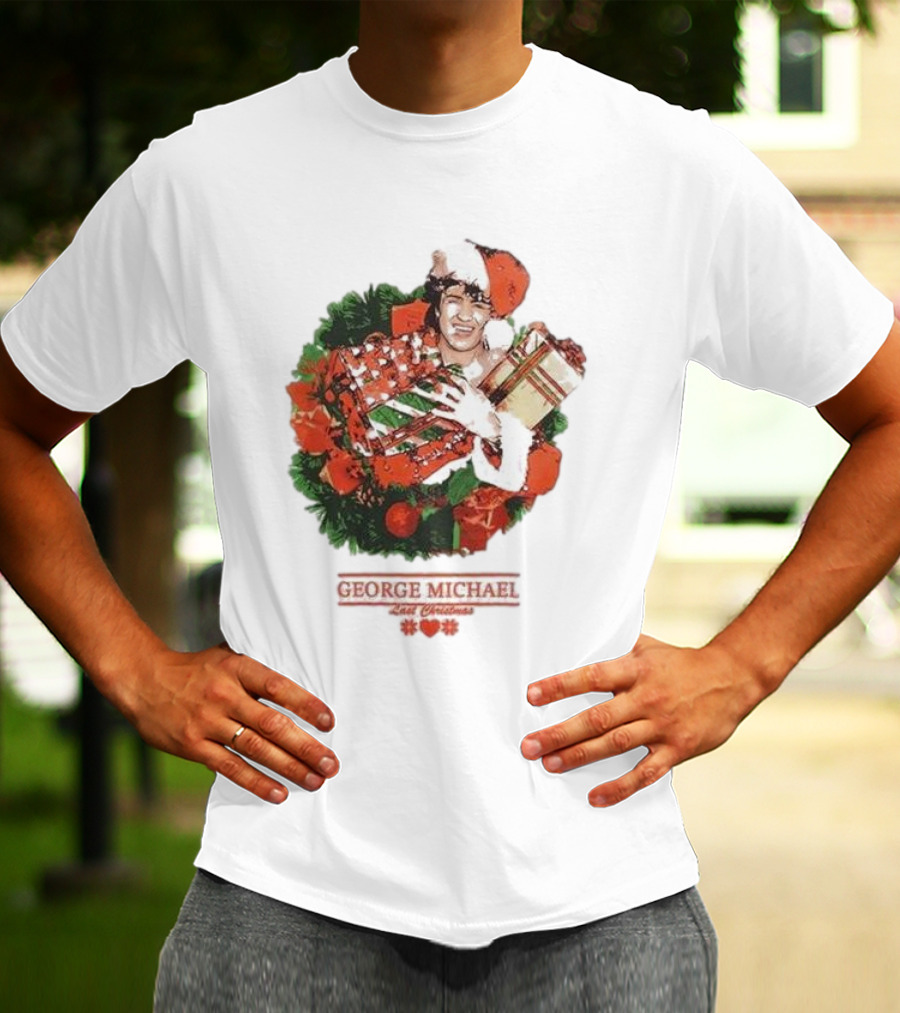GEORGE MICHAEL LAST CHRISTMAS SANTA HAT WREATH T-Shirt
