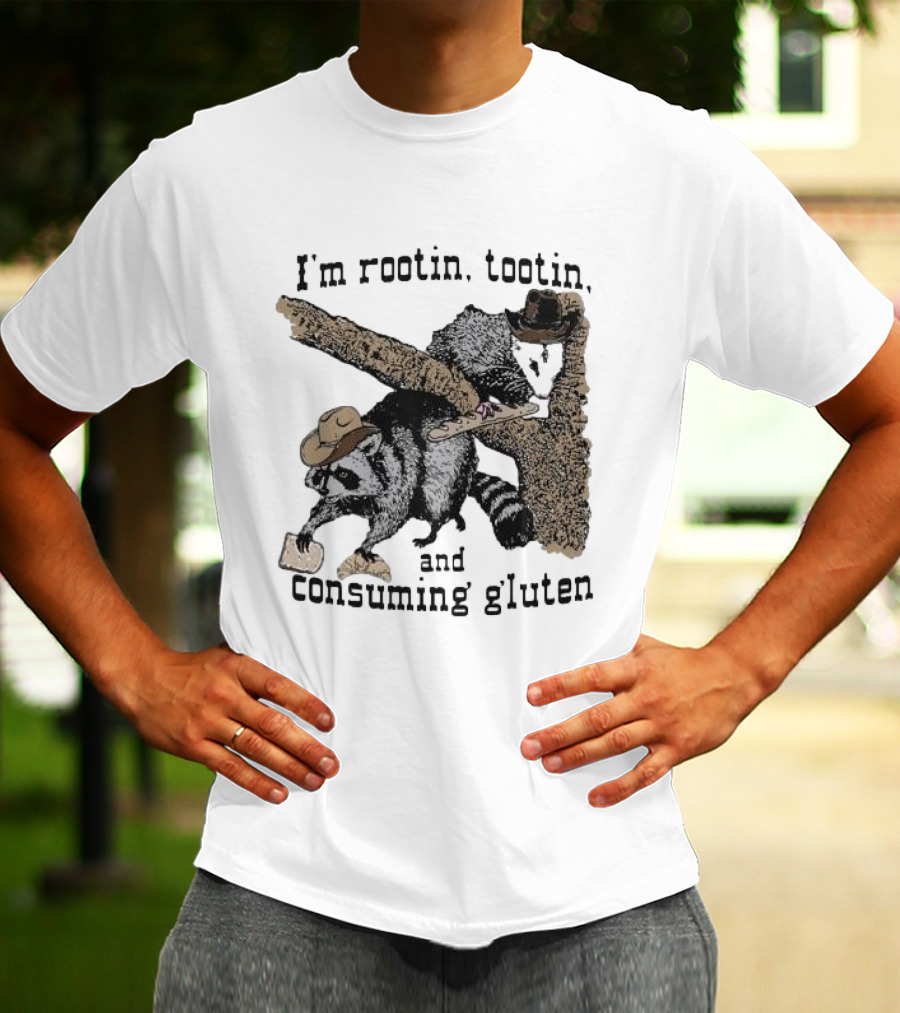 I'm Rootin Tootin Raccoon Duo Consuming Gluten In Cowboy Hats T-Shirt