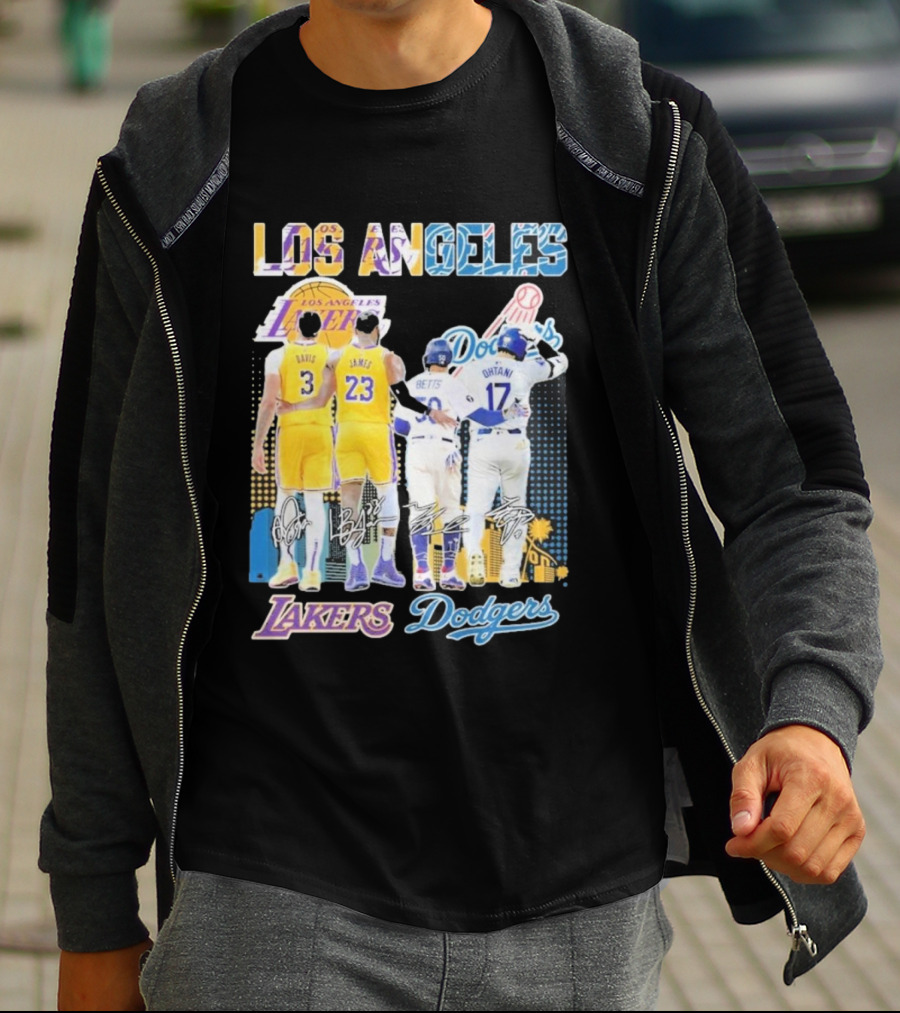 Los Angeles Lakers Dodgers LeBron James Anthony Davis Mookie Betts Freddie Freeman Signatures T-Shirt