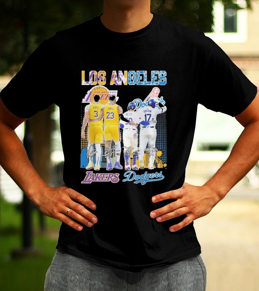 Los Angeles Lakers Dodgers LeBron James Anthony Davis Mookie Betts Freddie Freeman Signatures T-Shirt