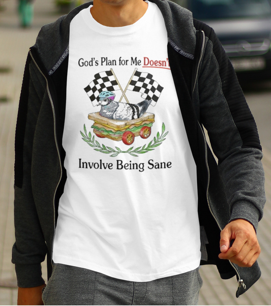 God's Plan For Me Doesn’t Involve Being Sane Pigeon Sandwich Racing Wheels Checkered Flags T-Shirt