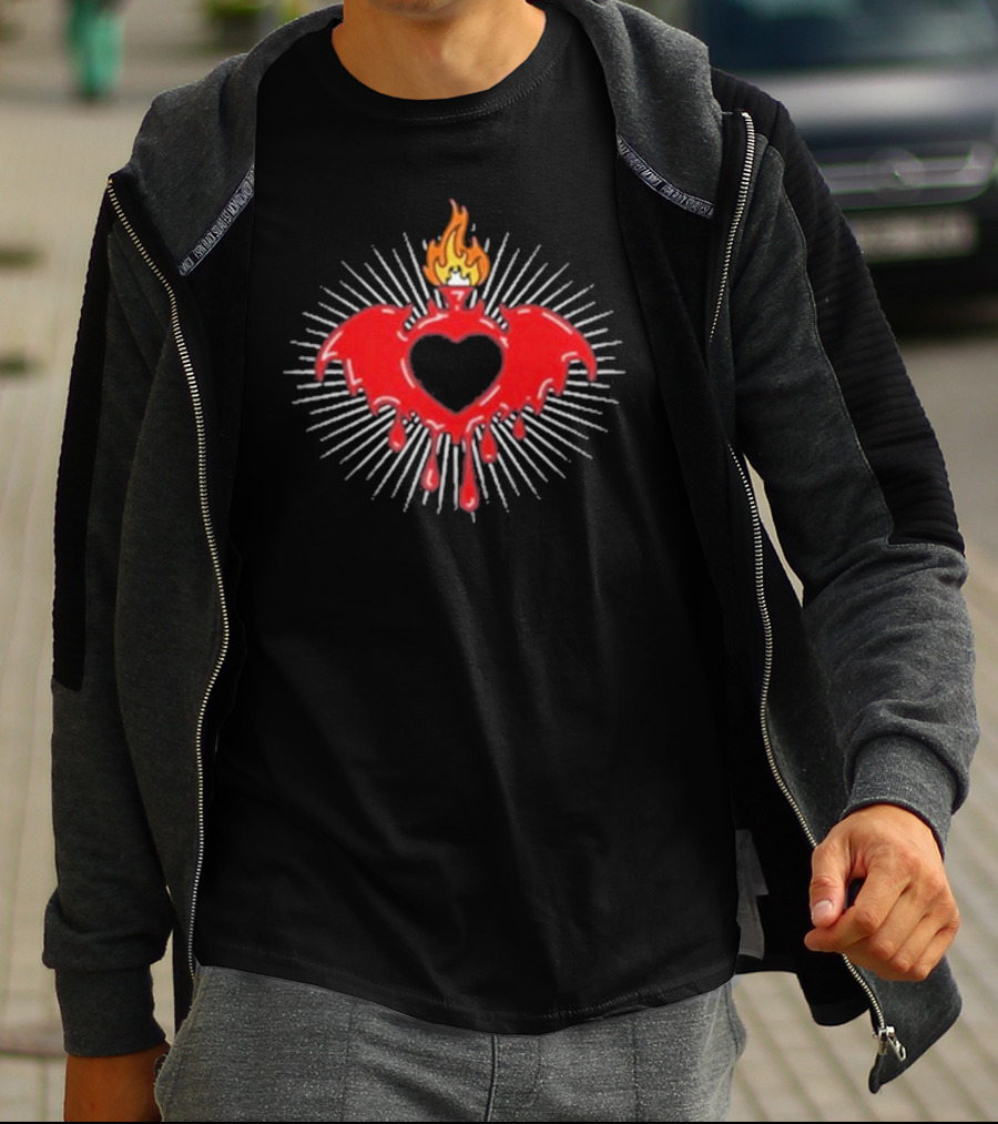 Clandestine Forever Sacred Flaming Heart With Wings And Radiating Light T-Shirt