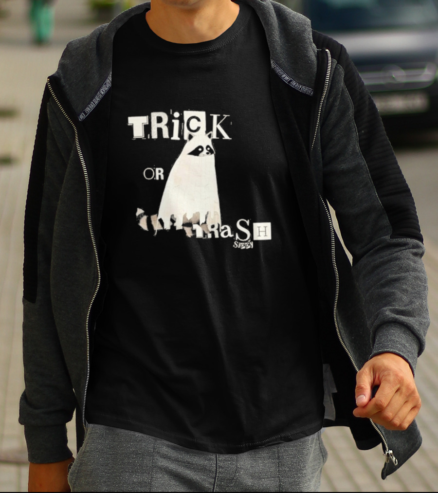 TRICK OR TRASH SIPPY Black Raccoon Ghost Costume T-Shirt