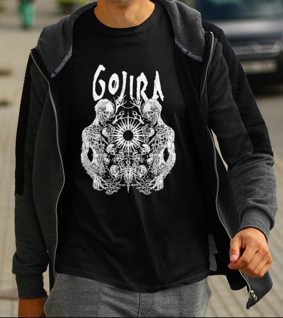 GOJIRA Twin Skull Symmetry With Skeletal Figures And Central Orb T-Shirt