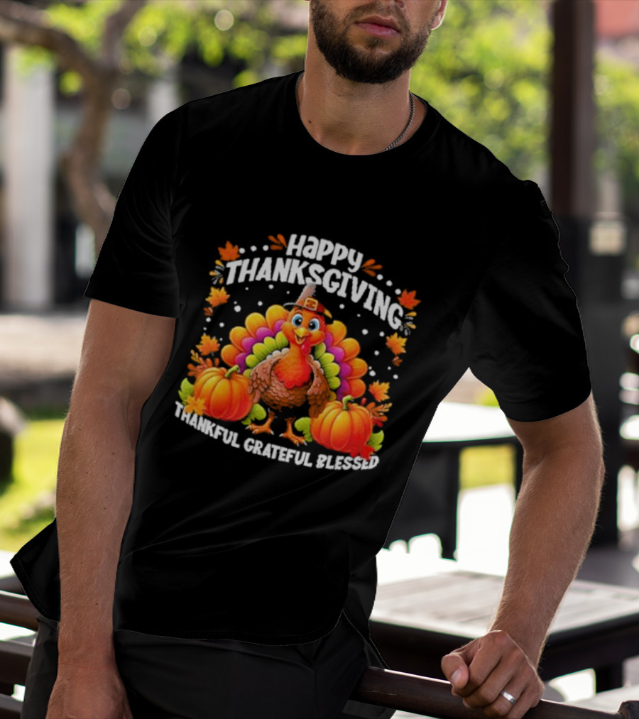 Happy Thanksgiving Turkey Thankful Grateful Blessed With Pumpkins And Autumn Leaves T-Shirt