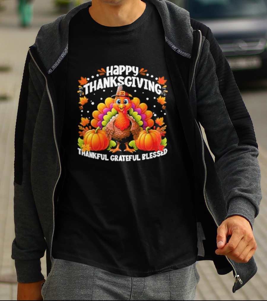 Happy Thanksgiving Turkey Thankful Grateful Blessed With Pumpkins And Autumn Leaves T-Shirt